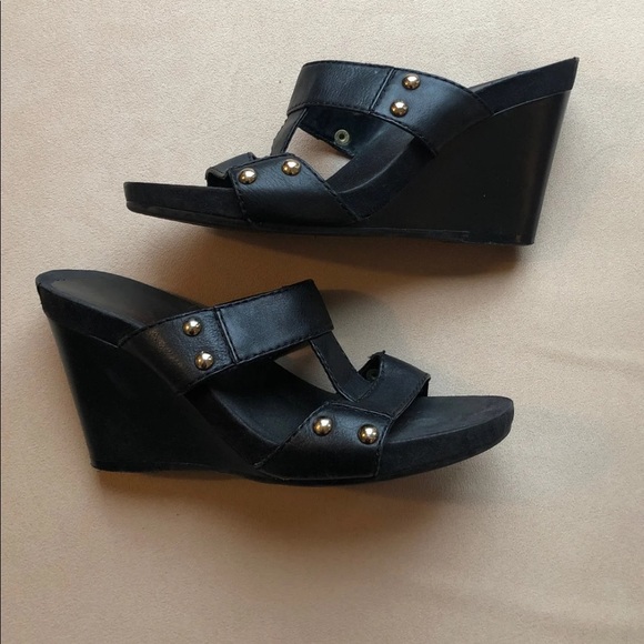 Nine West Shoes - Nine West T-Strap Leather Studded Wedge Sandals -7